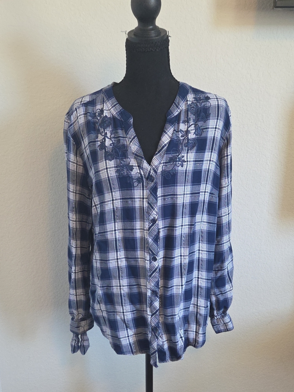 Como Vintage Blue White Plaid Embroidered Blouse Button Up Top XXL